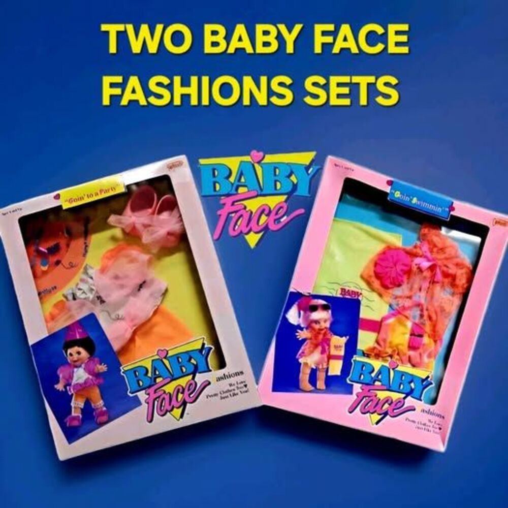 2 SETS Galoob Baby Face Doll Fashions - GOIN TO A PARTY  w Shoes & GOIN SWIMMIN
